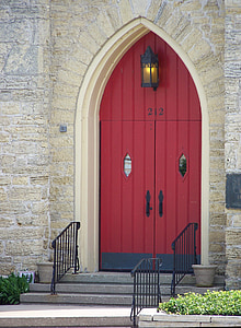 door, red, church, stonework, masonry, entrance, open