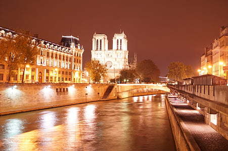 Notre dame, Pariz, Sene, reka, mostovi, mesto, noč