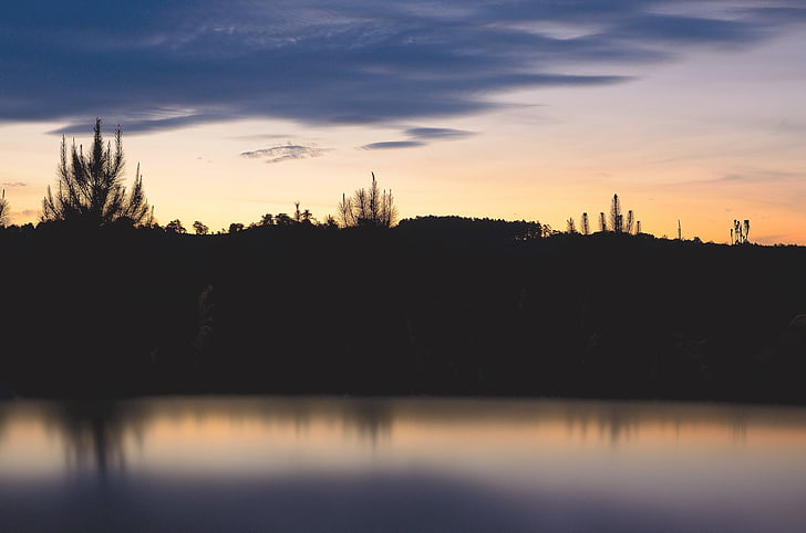 dawn, dusk, lake, landscape, reflection, river, silhouette