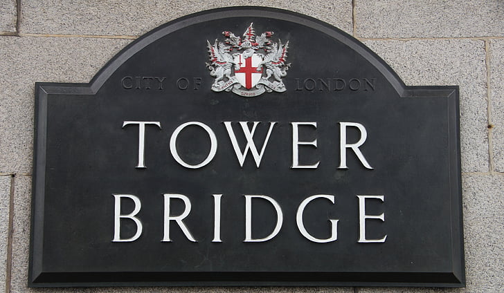 London, Tower bridge, pajzs, név, betűtípus, híd, Egyesült Királyság