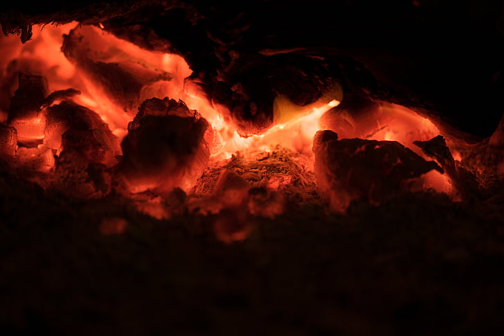 ogenj, rdeča, plamen, kamin, podrobnosti, premog, žerjavica