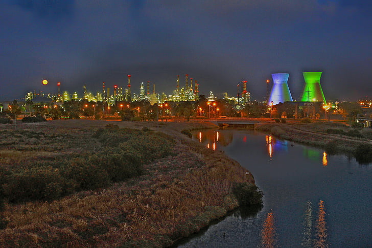 rafinerileri, Haifa İsrail, gece, güç, depolama, benzin, kimyasal