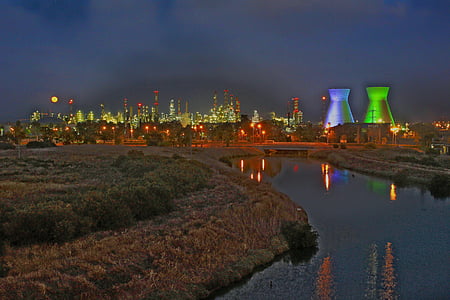 rafinerie, Haifa Izrael, noční, moc, skladování, benzin, chemická látka