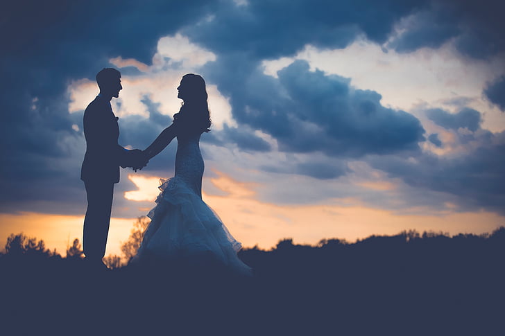 silhouette, photo, wedding, couples, grass, cloud, sky
