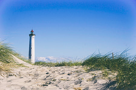 lighthouse, beach, blue, sky, grass, beached, grasses