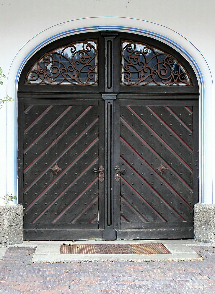 entrada, porta articulada, porta dupla, arco de volta perfeita, porta, madeira, portas de madeira
