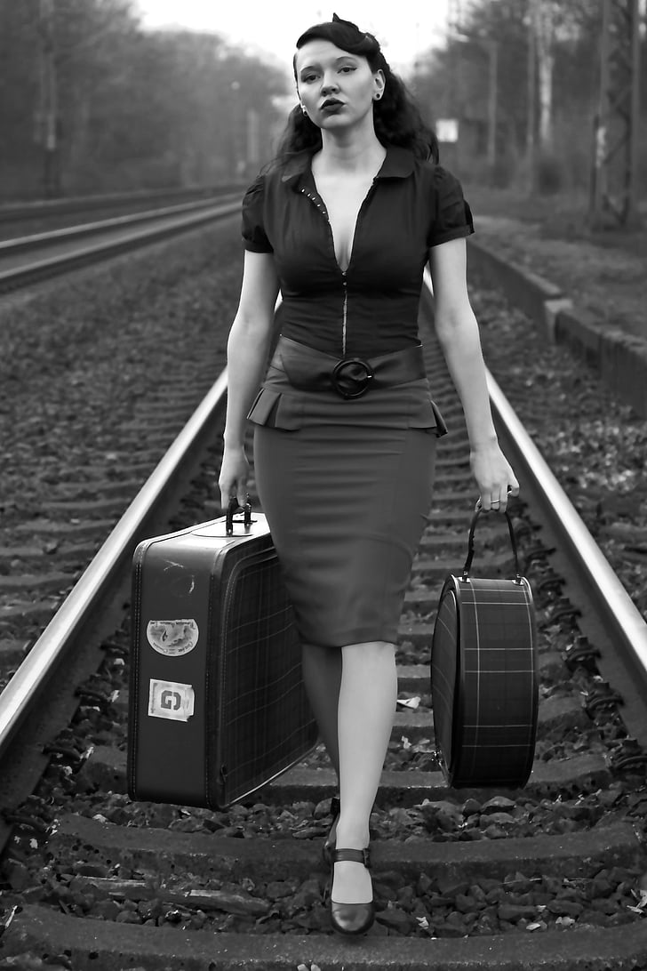 pin-up, blanco y negro, retro, nostálgico, Foto retro, equipaje, viajes
