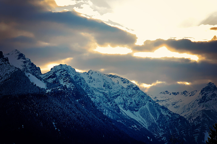 kalni, kalnu grēda, sniega, ainava, programma Outlook, debesis, mākoņi