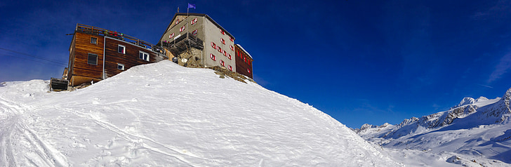Schnalstal, gyönyörű kilátással, téli, Kunyhó, gleccser, Dél-Tirol, síelés