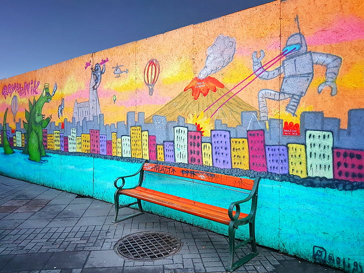 street art, graffiti art, colorful, cartoon, fantacy, bright color, bench