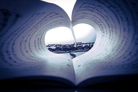 flute, heart, music, musical instrument, musical notes, pages