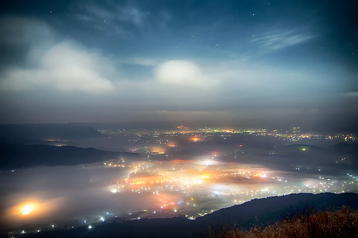 Japão, Kumamoto, ASO, nuvem, Somma, mar de nuvens, à noite