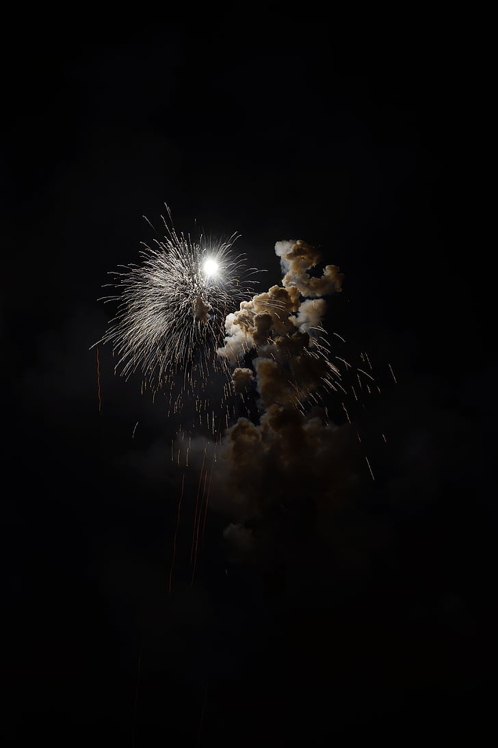 fireworks, rocket, white, explosion, smoke, new year's eve, shower of sparks