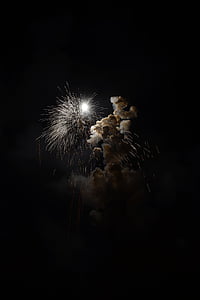 fireworks, rocket, white, explosion, smoke, new year's eve, shower of sparks
