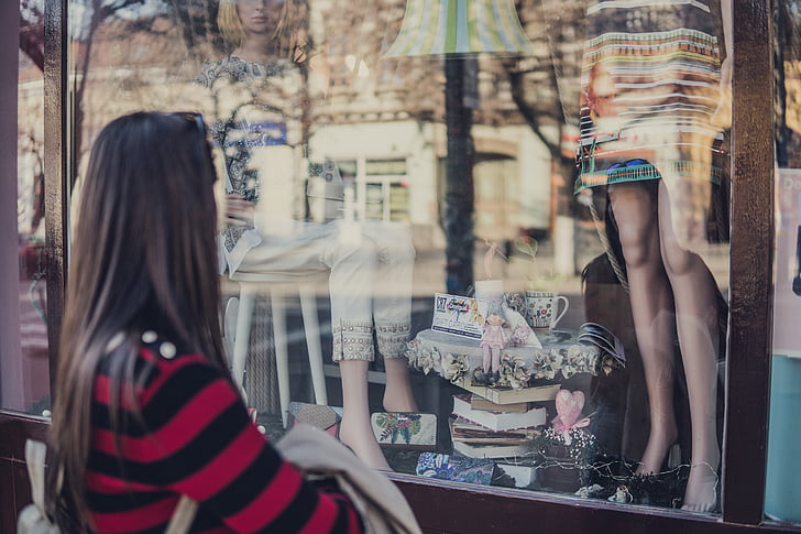 dress, glass, looking, person, reflection, shop, woman
