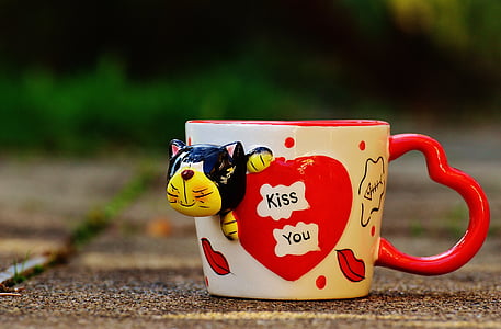 šalica za kavu, smiješno, mačka, srce, ljubav, poljubac, šalica za čaj