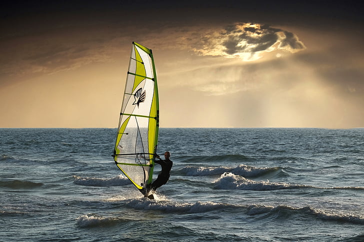 windsurfing, Já?, mraky, Západ slunce, Příroda, vlna, Horizont nad vodou