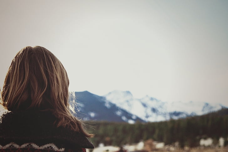woman, black, jacket, facing, snowcap, mountain, girl