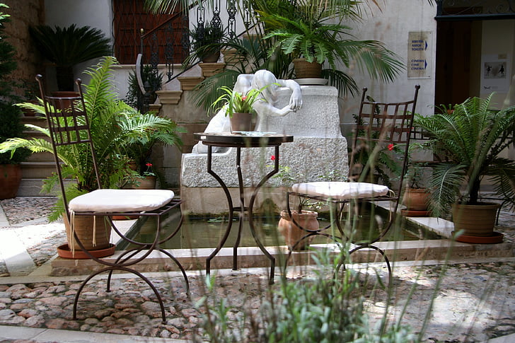 conversation, table, chairs, courtyard, morning, invitation, coffee