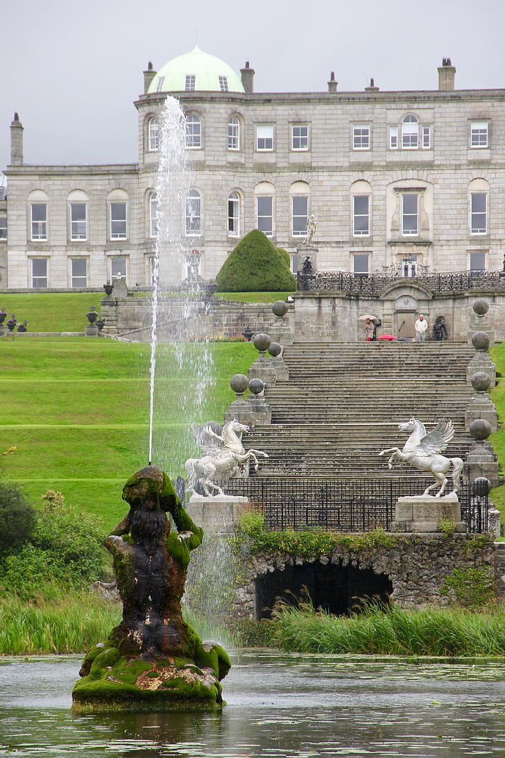 fountain, powerscourt, castle, lake, garden, pond, irish