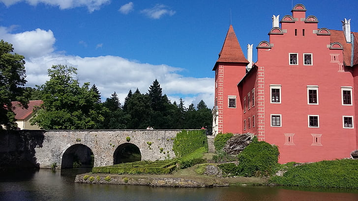 red, castle, architecture, czech, travel, chateau, fantasy