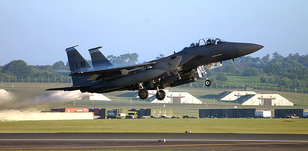 jet Militaria, lotu, pływające, f-15, Strike eagle, myśliwiec, Takeoff