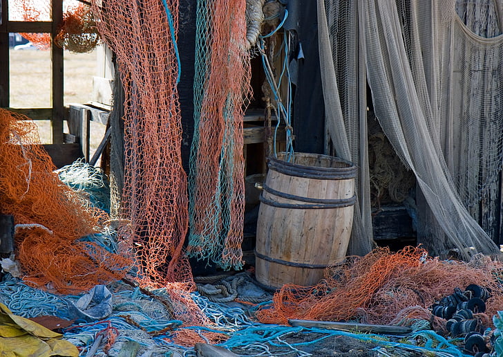 old fishing nets, nets, netting, old, tatty, blue, orange