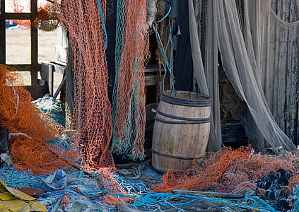 redes de pesca velhas, redes, rede, velho, Tatty, azul, laranja