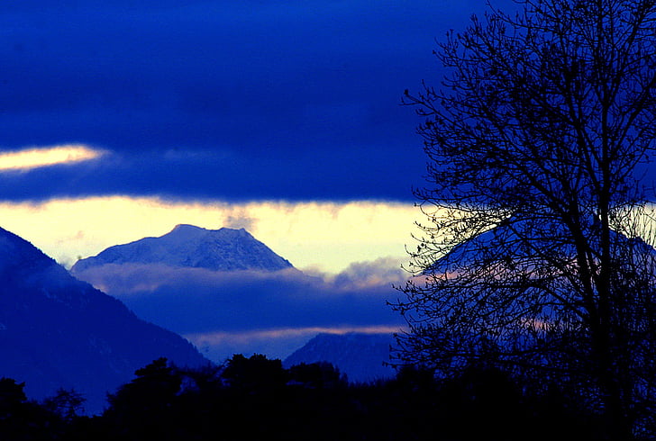 Dawn, Mountain, moln, landskap, blå, naturen, träd