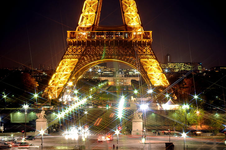 Eiffelova věž, noční, hvězdy, blikání, Architektura, Památník, Paříž