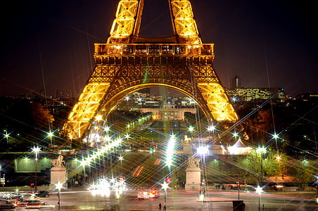 Wieża Eiffla, noc, gwiazdy, migotanie, Architektura, Pomnik, Paryż