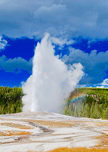 geyser, aspen, mountains, yellowstone, national, park, clouds