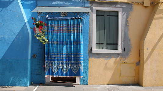 벽, 커튼, 블루, 문, 창, 로맨틱