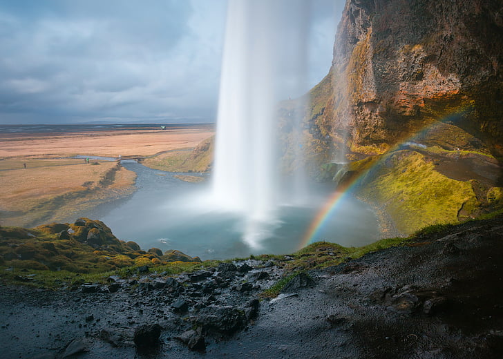 rainbow, waterfalls, rocks, nature, outdoor, mountain, view