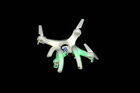 Drone, flyg, fluga, rotorn, flygplan, natt, belysning