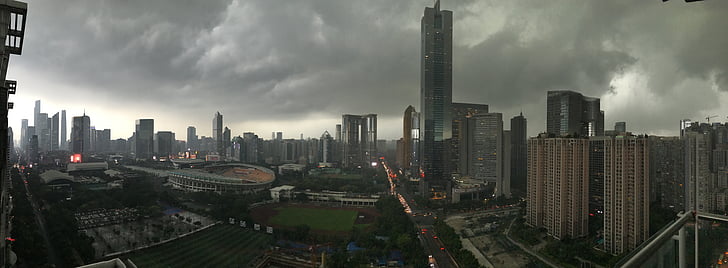 Canton, kraftigt regn, höga byggnader, Cloud - sky, staden, stadsbild, Sky