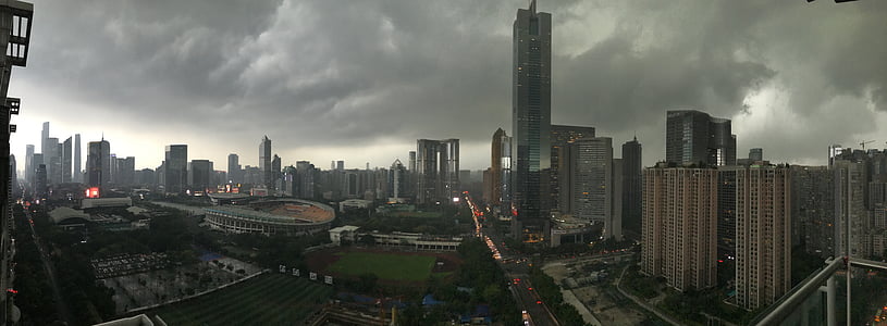 kantón, silný dážď, výškové budovy, Cloud - sky, mesto, Panoráma mesta, Sky