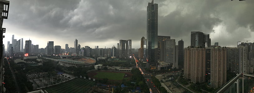 Kanton, hujan lebat, Gedung-gedung tinggi, awan - langit, Kota, pemandangan kota, langit