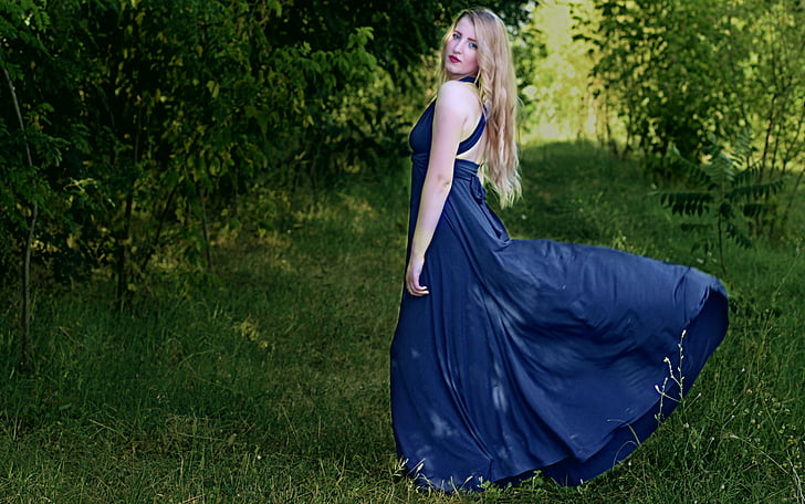 fată, blonda, rochie, albastru, natura, femei, în aer liber