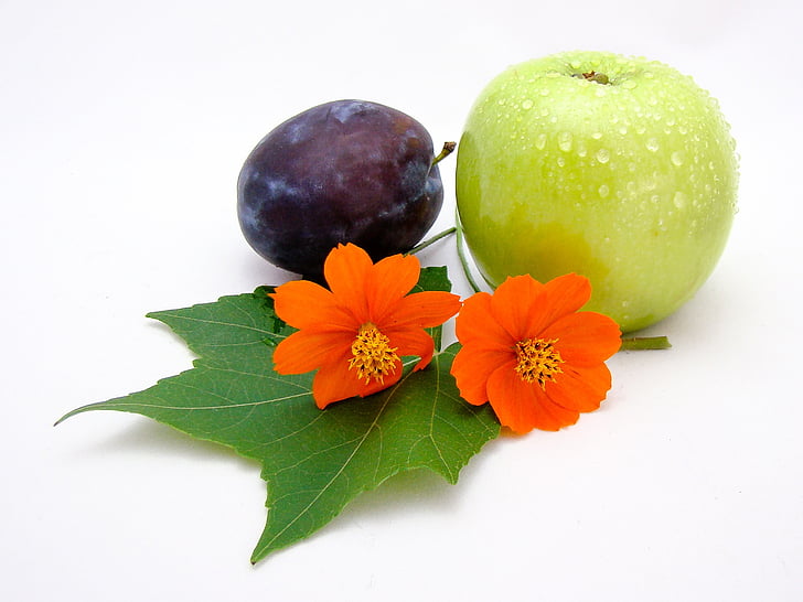 vaisių, gėlės, slyvų, obuolių, žalia, oranžinė, balta