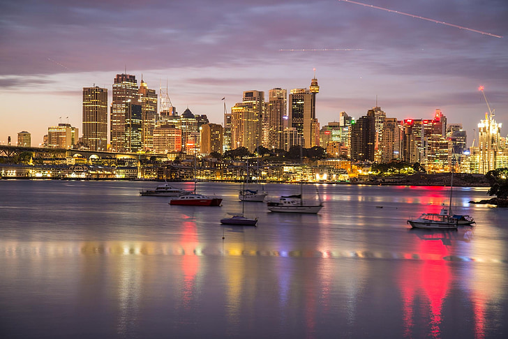Sydney harbour, csónakok, Hajnal, Ausztrália, Sydney, Skyline, Metropole