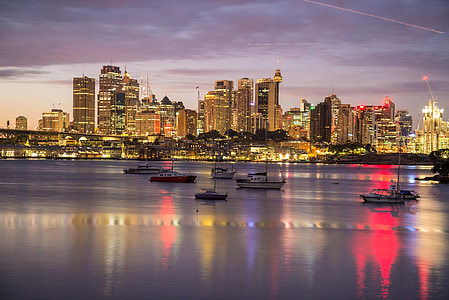 Sydney harbour, laivas, rītausma, Austrālija, Sydney, siluets, Metropole