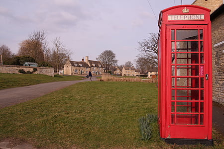 telefono pubblico, stagno del villaggio, rosso, verde, rurale, campo