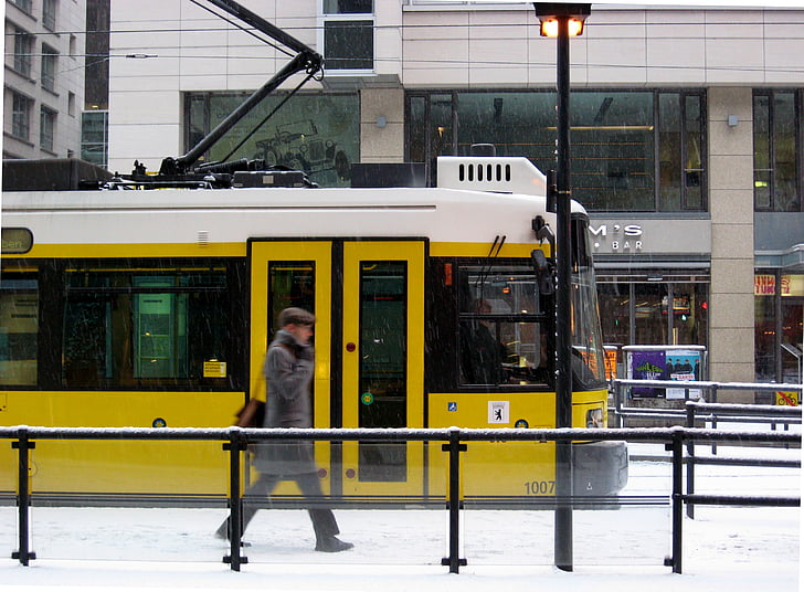 tram, Berlino, neve, giallo, trasporto