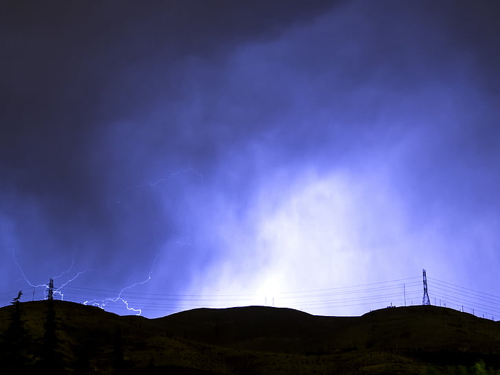 clouds, electric post, lightning, night, silhouette, sky, uitility poles
