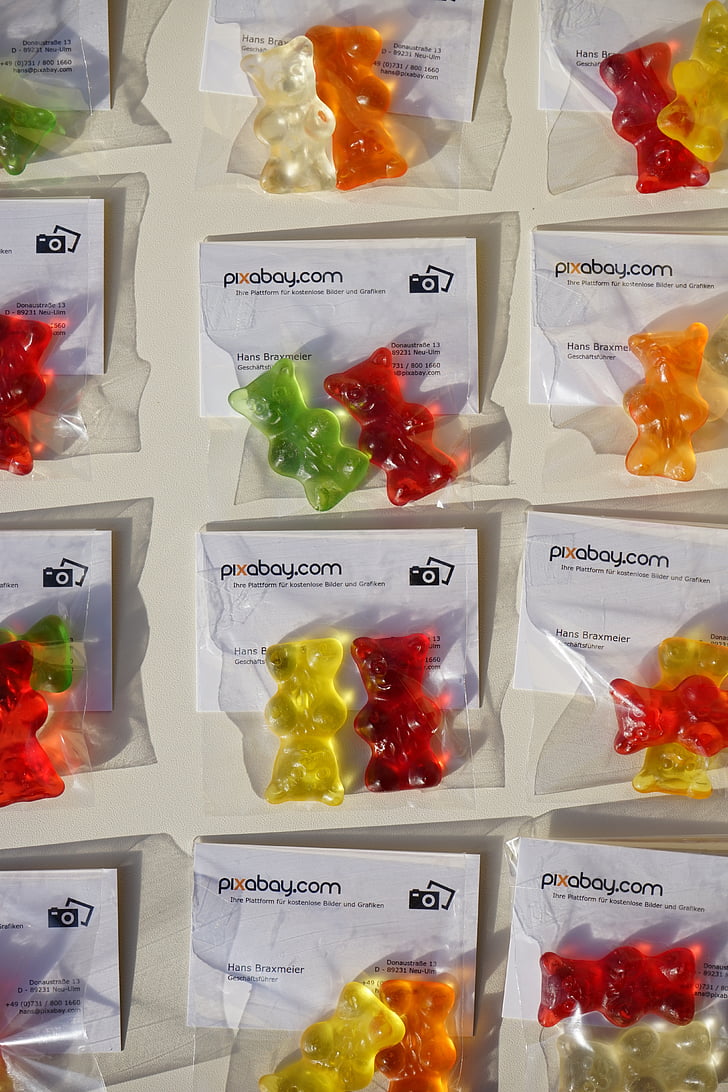 gummi bears, packed, business cards, pixabay, company, sachets, mitbringsel