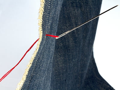 fabric, needle, sew, yarn, denim, indygo, red thread