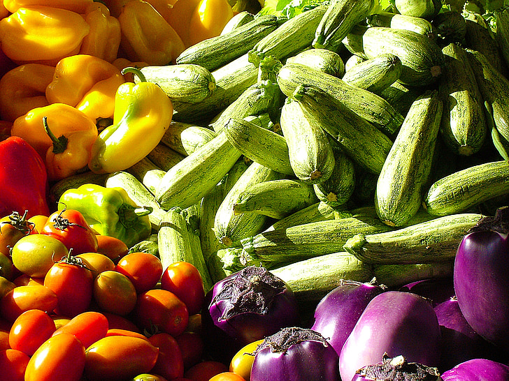 grönsaker, peppar, tomat, zucchini, solen, mot bakgrund av, Italien