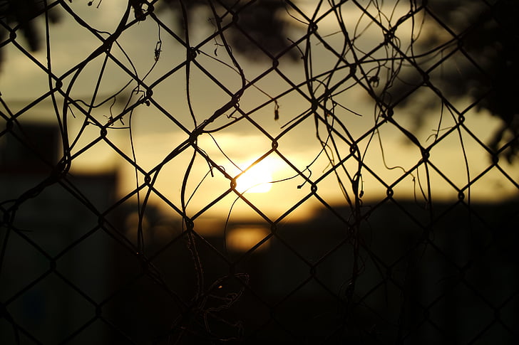 sunset, barrier, wire, dark, silhouette, shadow, chainlink fence