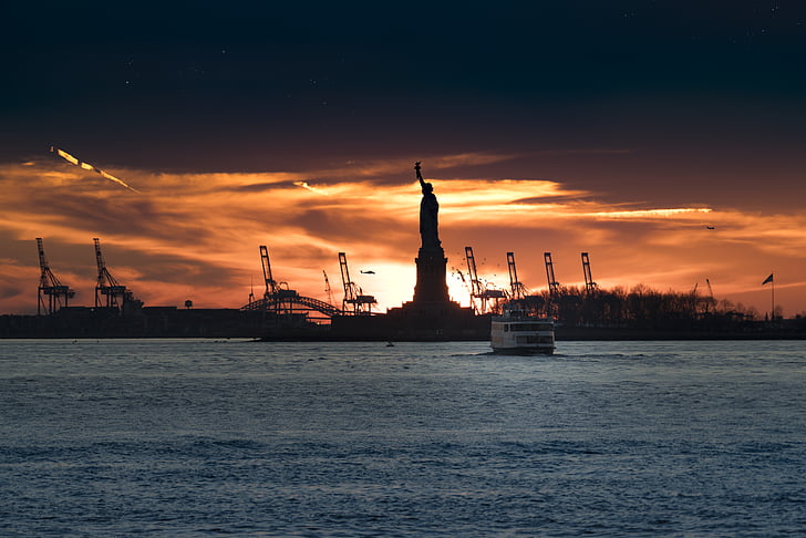 silhouette, statue, liberty, white, sailing, ship, photo